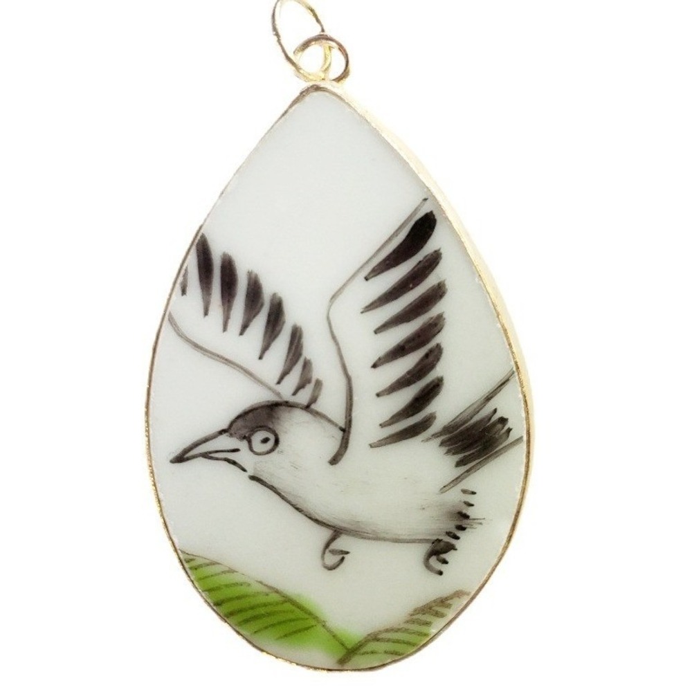 Hand Painted Porcelain Bird Pendant Pottery Shard Focal Jewelry for DIY Necklace